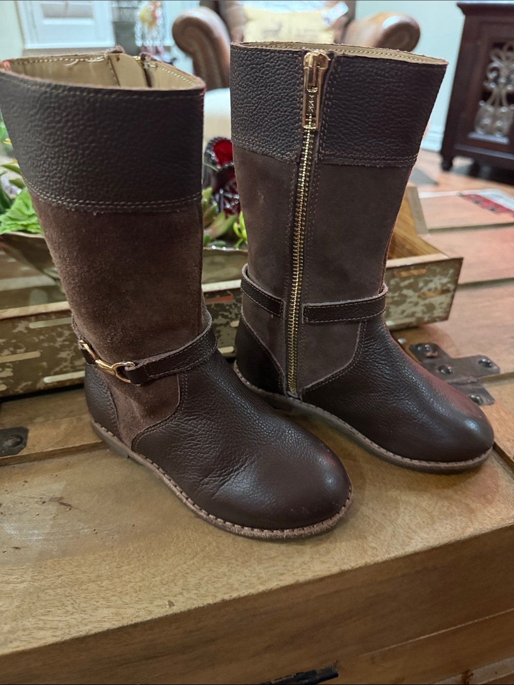 Janie and Jack Brown Leather & Suede Girls' Riding Boots